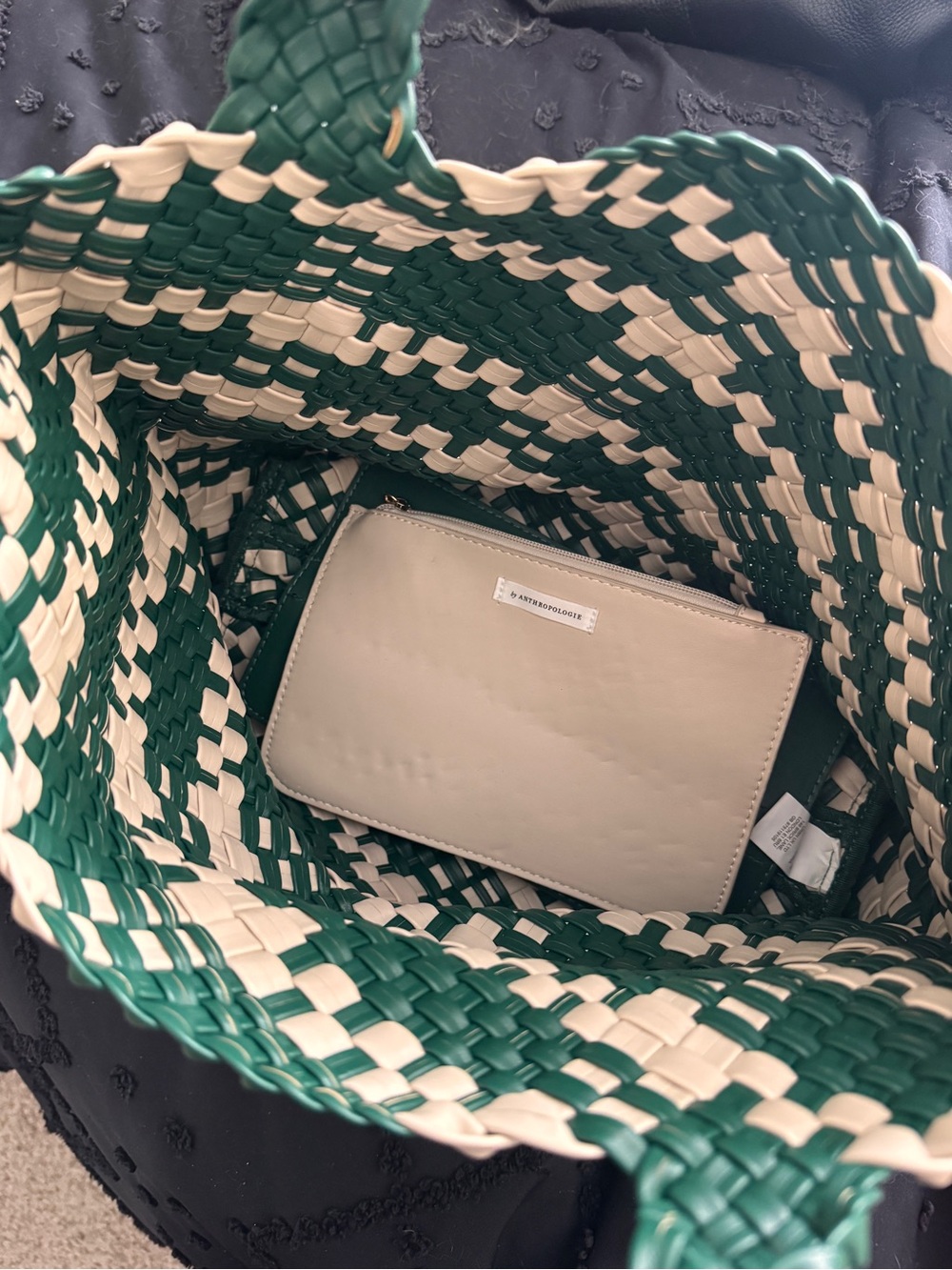 Anthropologie Green and Cream Woven Tote - Picture 2 of 2